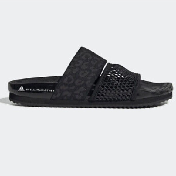 STELLA McCARTNEY x ADIDAS Core Black Lette Leopard Print Sandals Slides sz 9 - Picture 3 of 10